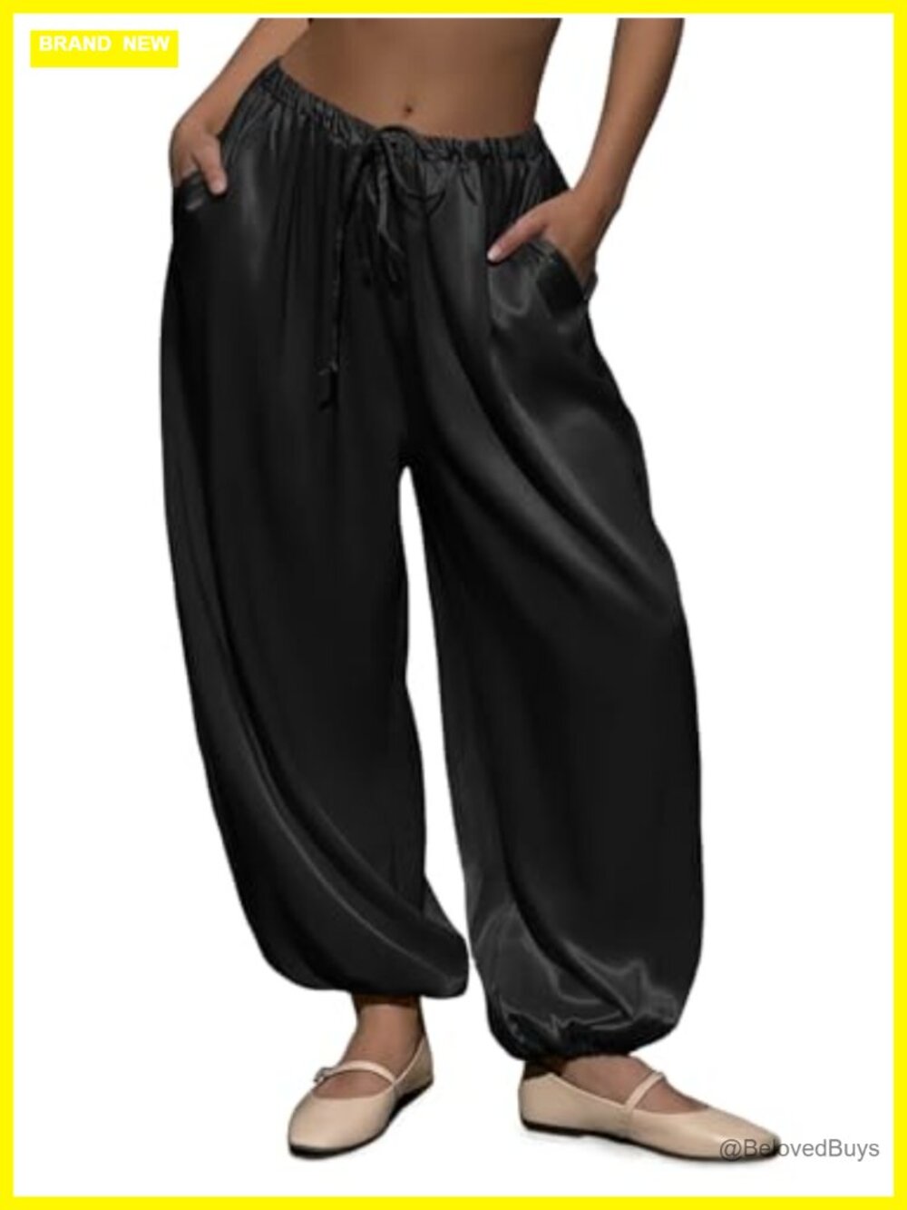 Fisoew Satin Harem Pants Baggy Barrel Leg Elastic Waist Drawstring Loose
